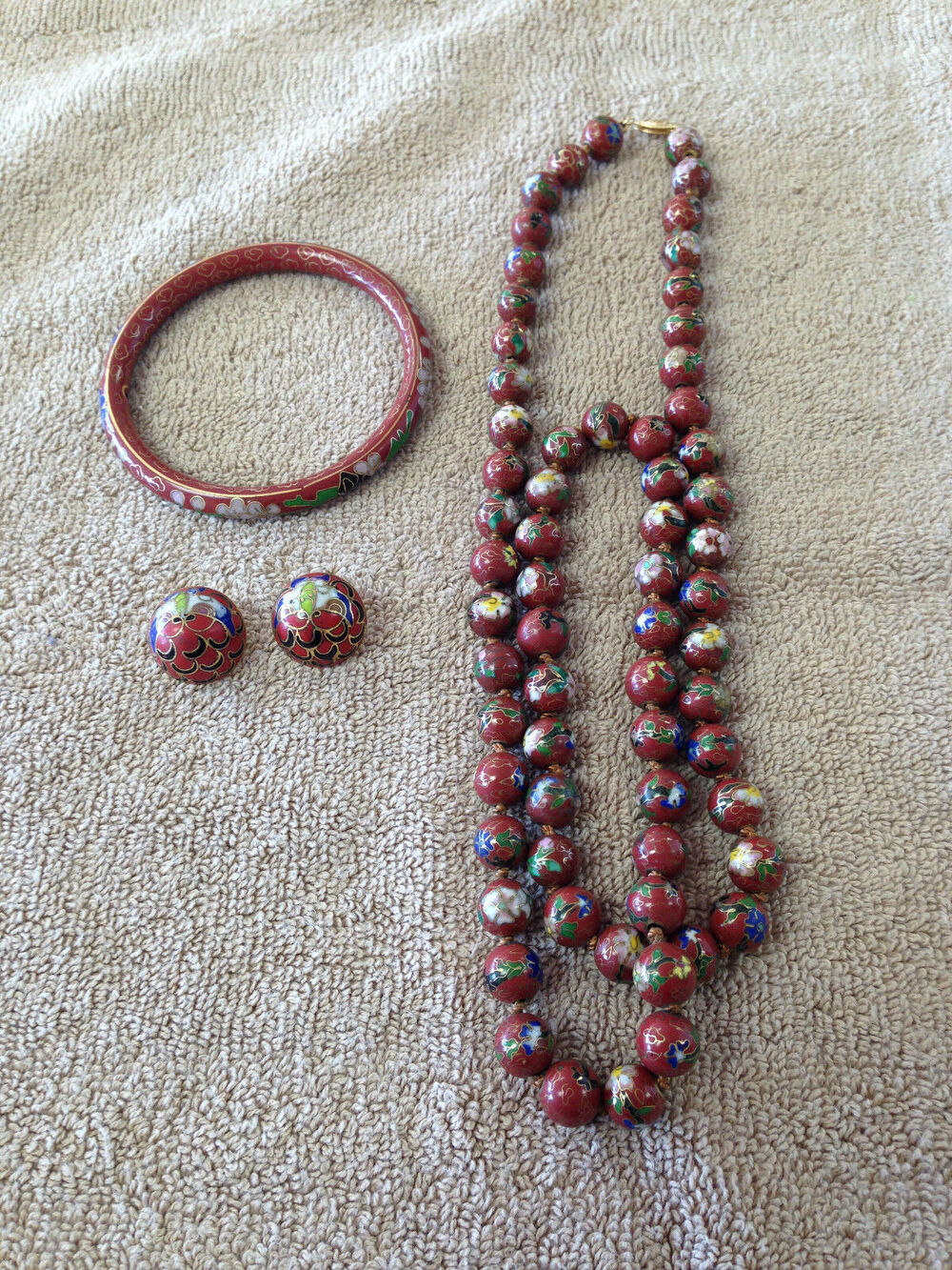 Vintage Cloisonne Jewelry Set 30" Necklace Bangle Bracelet Clip Earrings